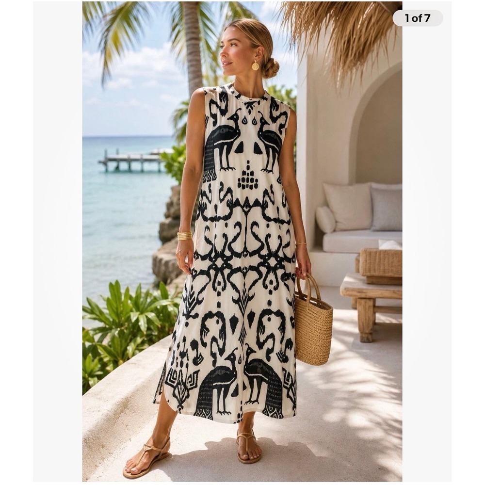Sheridan French Callie Large Midi Dress Black White Peacock Print Resort Tribal